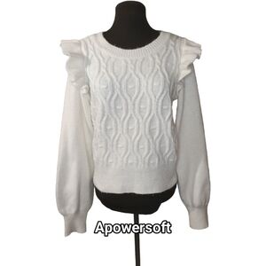 White Puff Sleeve Ruffle Knit Sweater